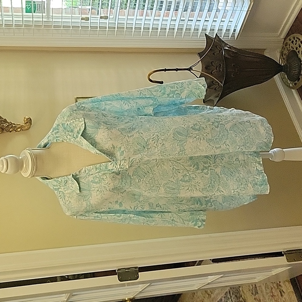 Sigrid Olsen 100% linen aqua white floral print tunic long tunic top Vneck 3X …